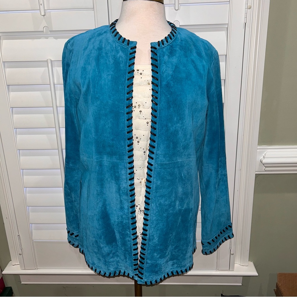 Linea by Louis Dell'Olio Teal Suede Blazer with Black Detail